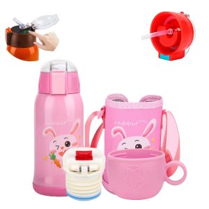 Stainless Steel Water Bottle with Cover and Shoulder Strap for School Kids