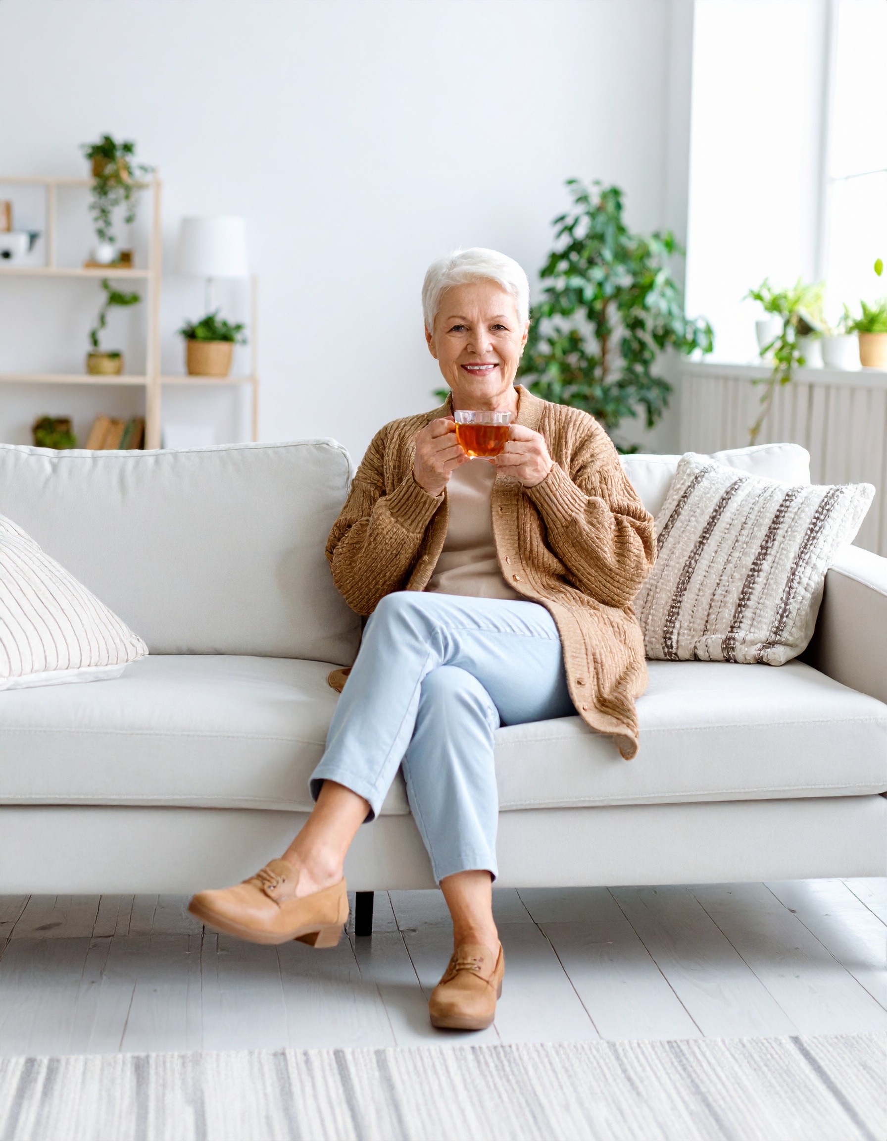 Firefly_A old lady wearing decent shoes sitting on sofa having tea with background indoor pla 816737