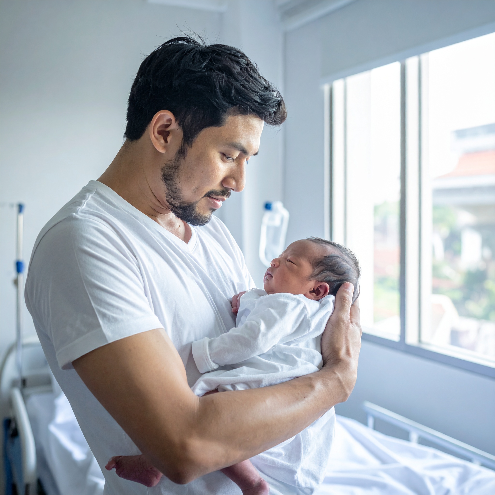 Father with new born baby in hospital Father with new born baby in hospital